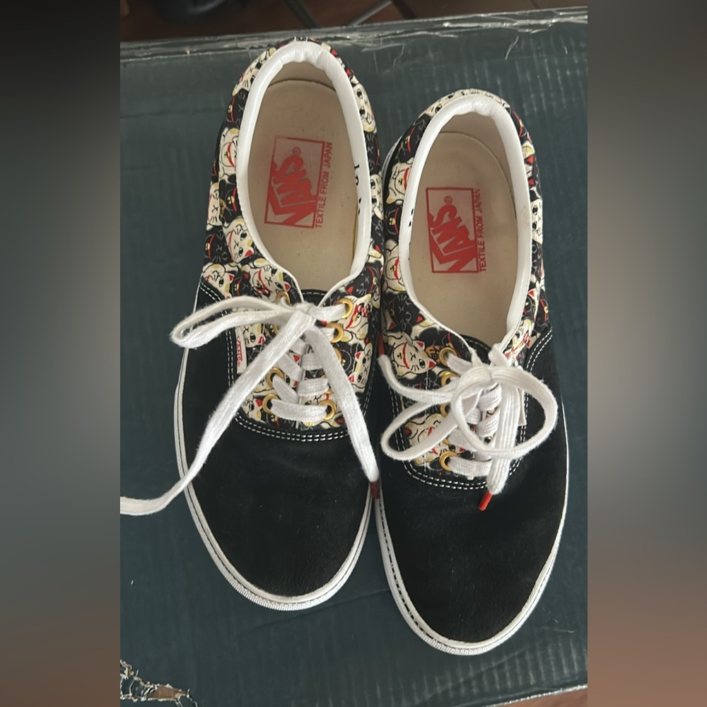 Vans Cream and Black Sneakers with Unique lucky cat Design